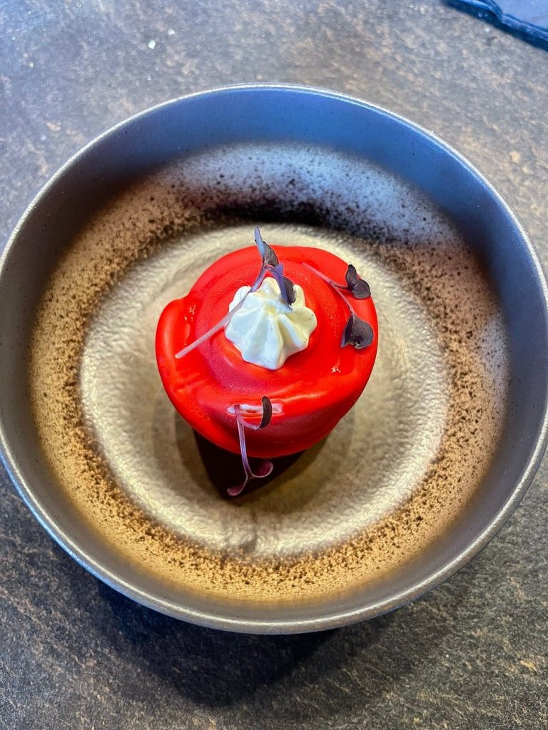 Dessert rouge vif garni de crème fouettée et de micro-pousses dans un bol